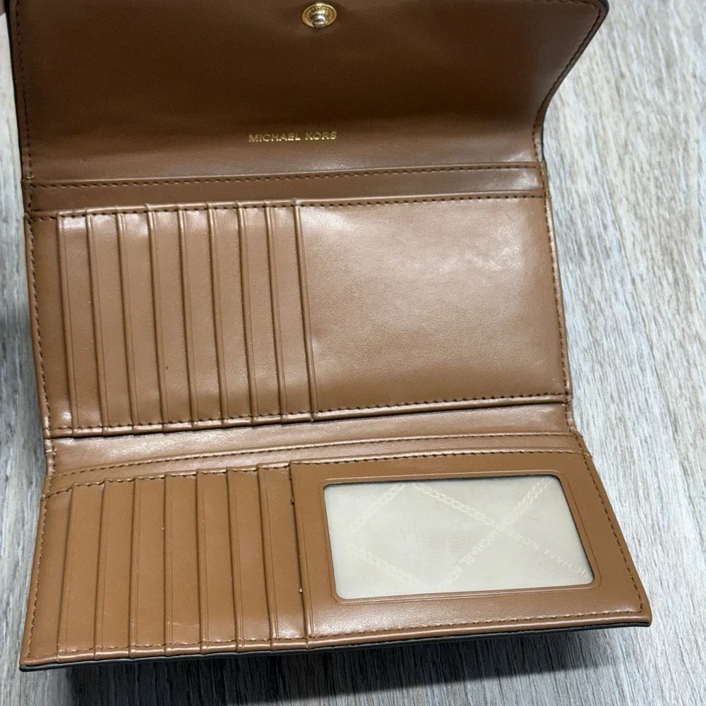 Michael Kors Karla Large Trifold Wallet Tan Studded Faux Leather Logo